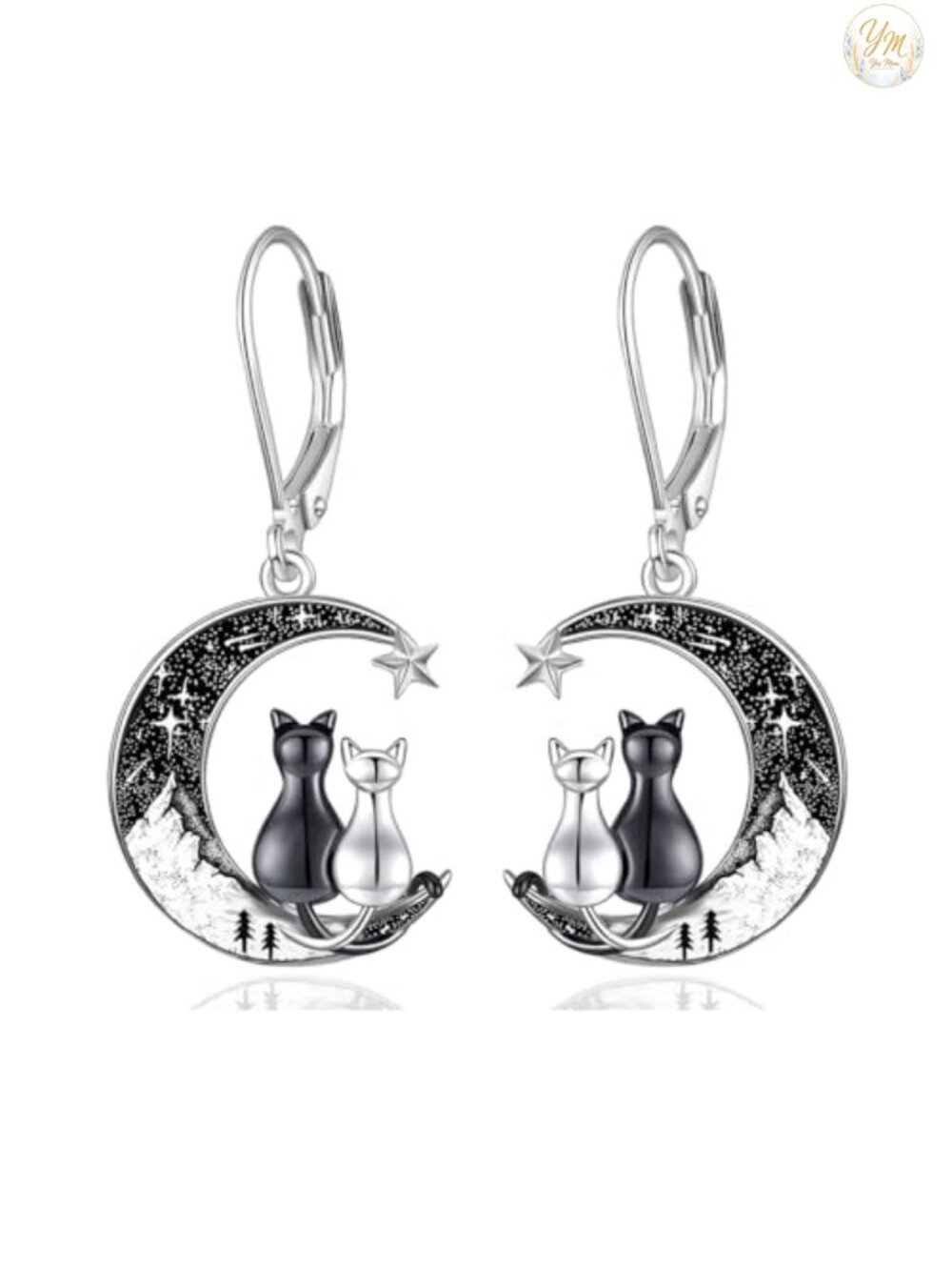 Sterling Silver Leverback Dangle Earrings Gothic Cat Moon Design